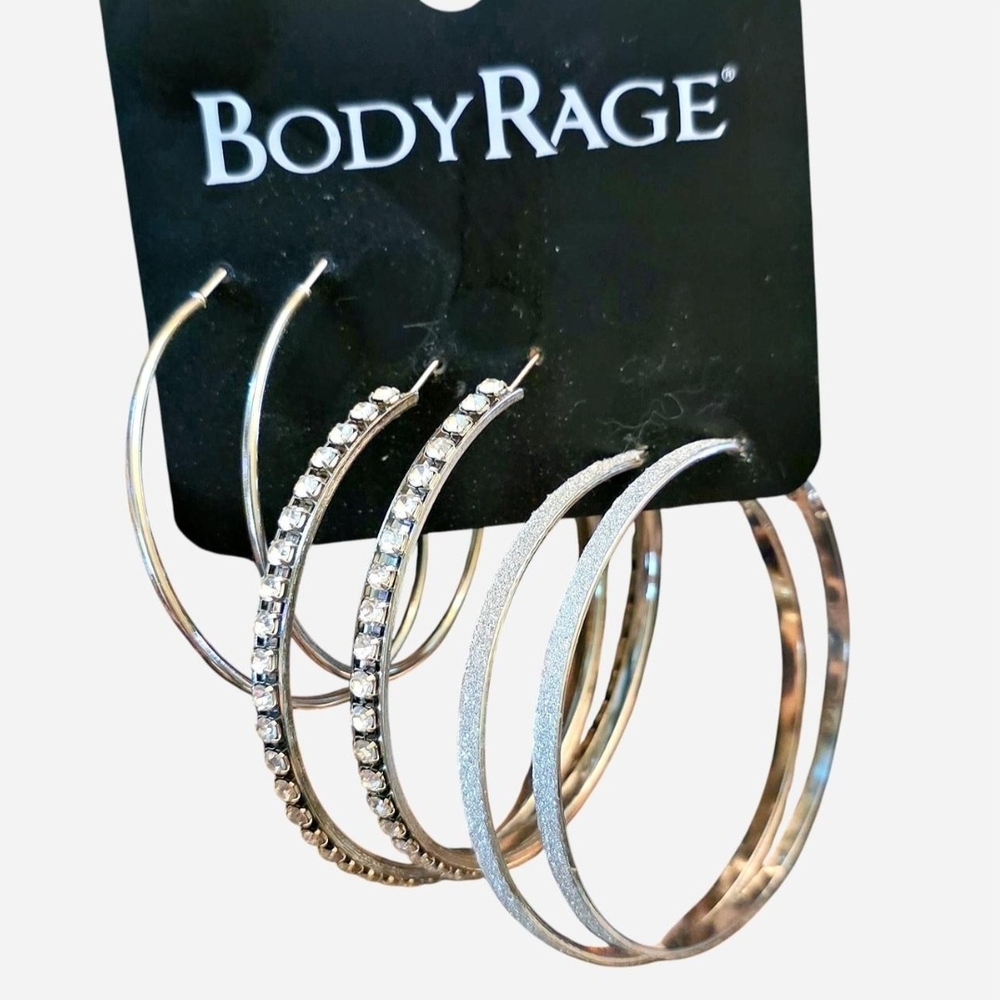 BodyRage Silver Hoop Earrings Set Of 3 w/Rhinestones, Glitter & Textured Styles